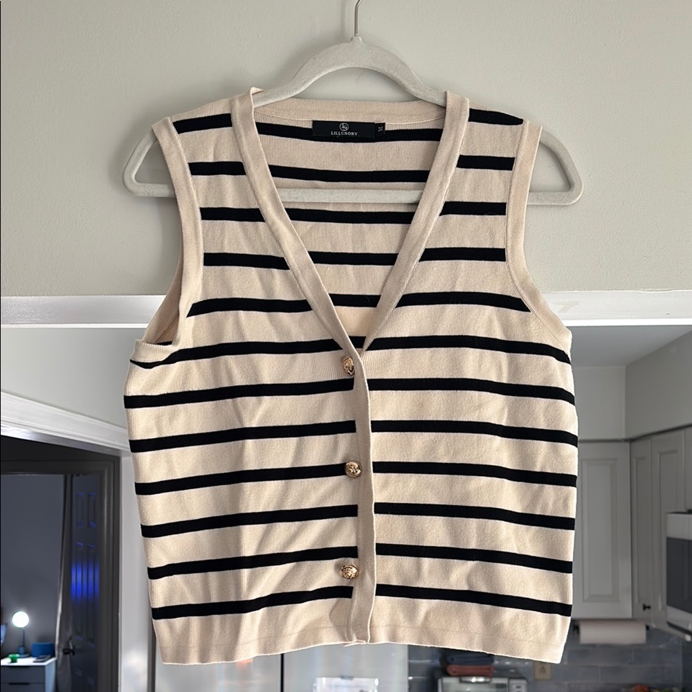 Striped Sleeveless Cardigan with Gold Buttons